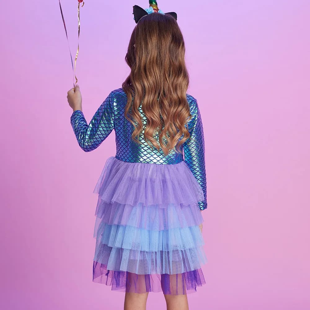 VIKITA filles robe imprimée sirène enfants couches maille Tulle gâteau robe de bal Tutu robes fille 