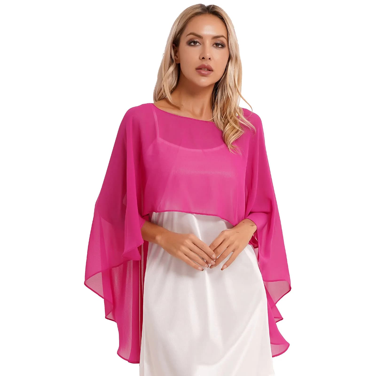 Femmes en mousseline de soie solide pull Capes châle haut-bas ourlet mince doux haussement d'épaules