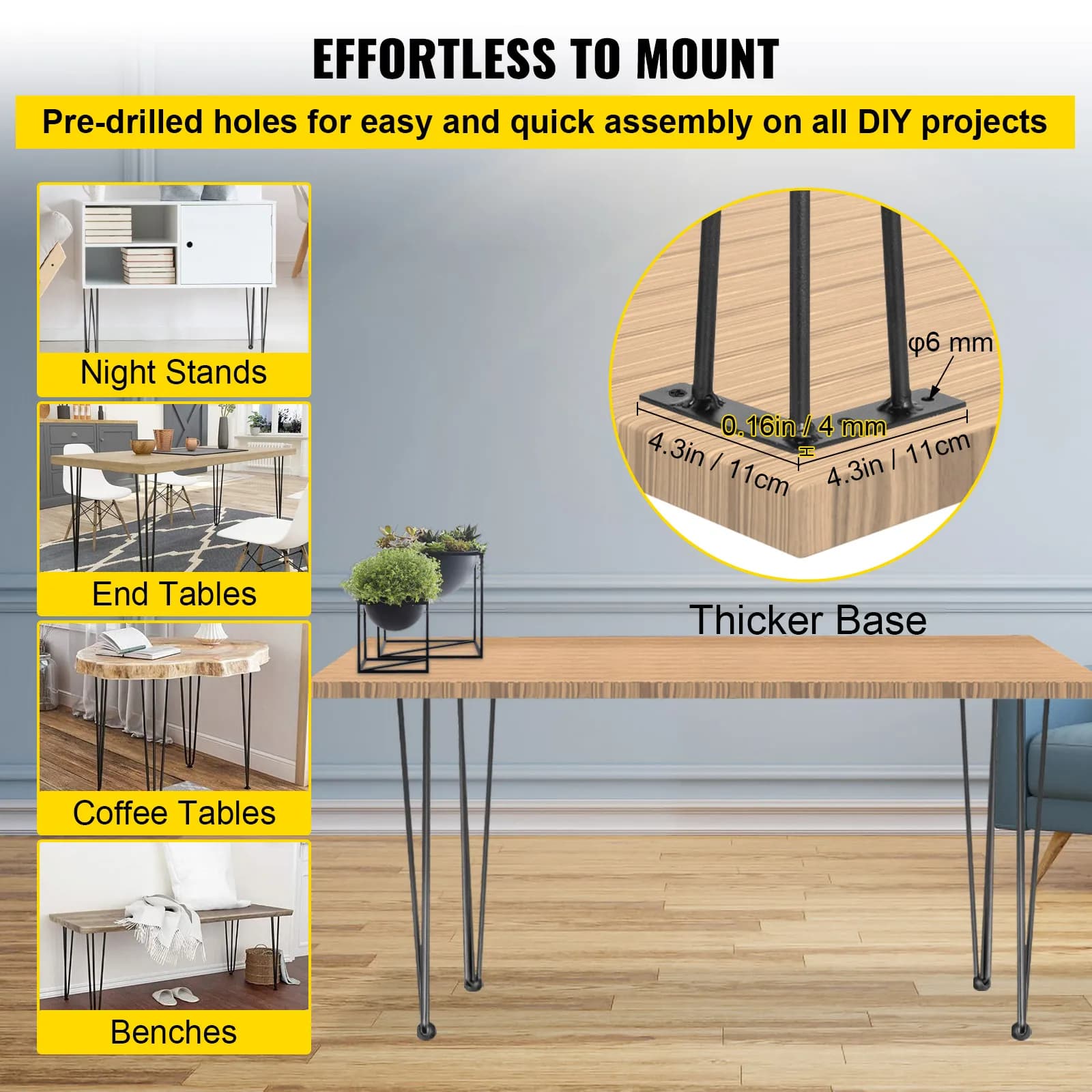 SucceBuy 4 pièces pieds de Table en métal 16-40 pouces 3 tiges pieds de meubles en épingle à cheveux