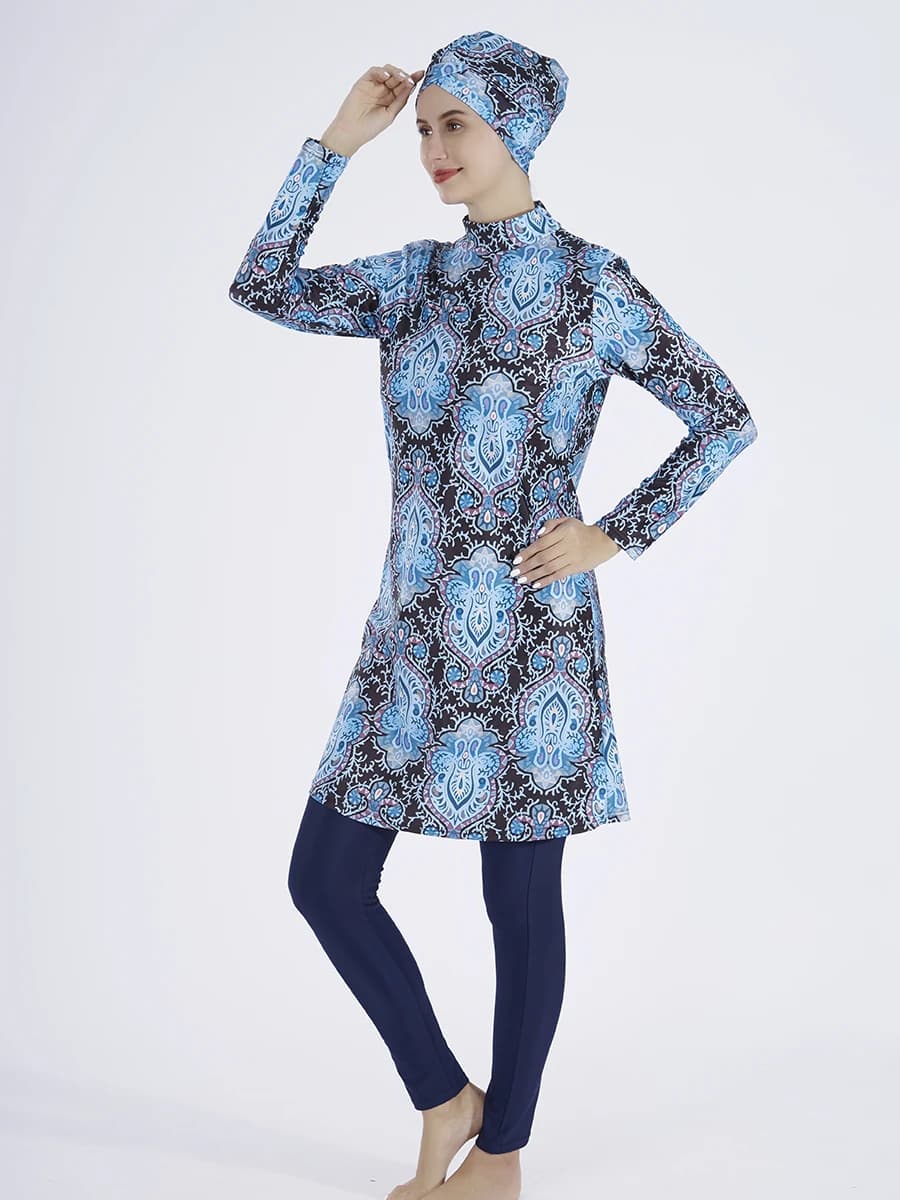 Burkini musulman à manches longues pour femmes, robe à fleurs Hijab à couverture complète, maillot d