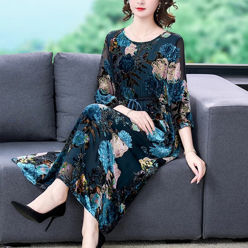 InjVelvet-Robe à manches longues à imprimé flocage, Robe bleue, Col rond, Taille adt, Mince, Longueu