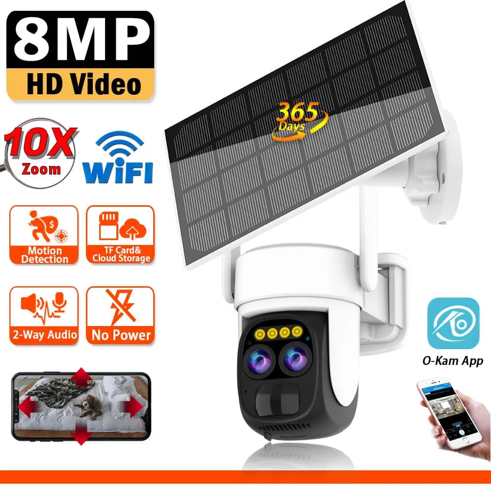 O-Kam App Smart Solar 10X Zoom WIFI caméras de sécurité avec panneaux solaires 8MP 4K HD couleur Vis