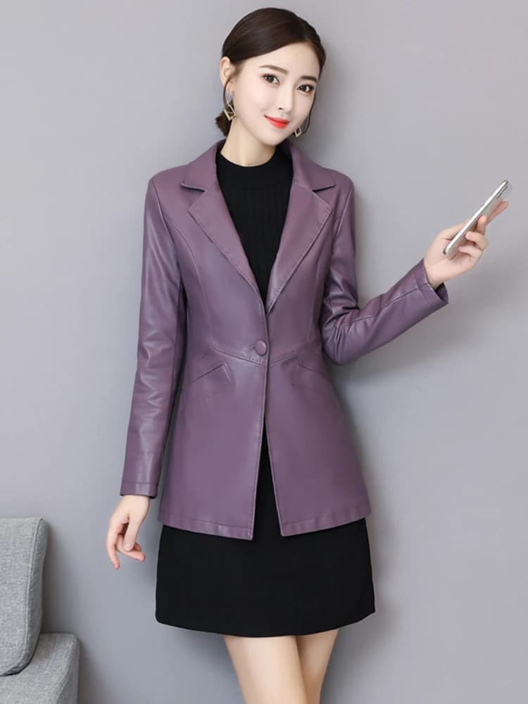 Nouveau Femmes Veste en cuir Automne Hiver Mode Classique Bouton unique Slim Blazer en cuir de mouto