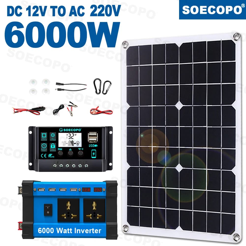 Kit de système solaire avec onduleur, contrôleur 30A, panneau solaire 6000W, 12V à 300 V, 220V, char
