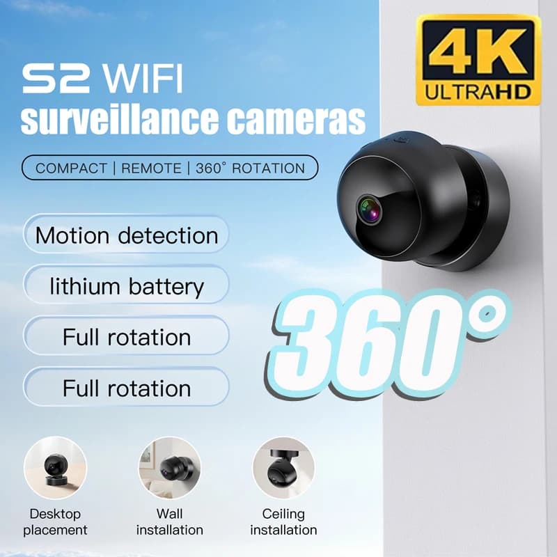 Caméra de sécurité sans fil 4K 360 °   Couverture complète vue WiFi HD détection de mouvement Vision