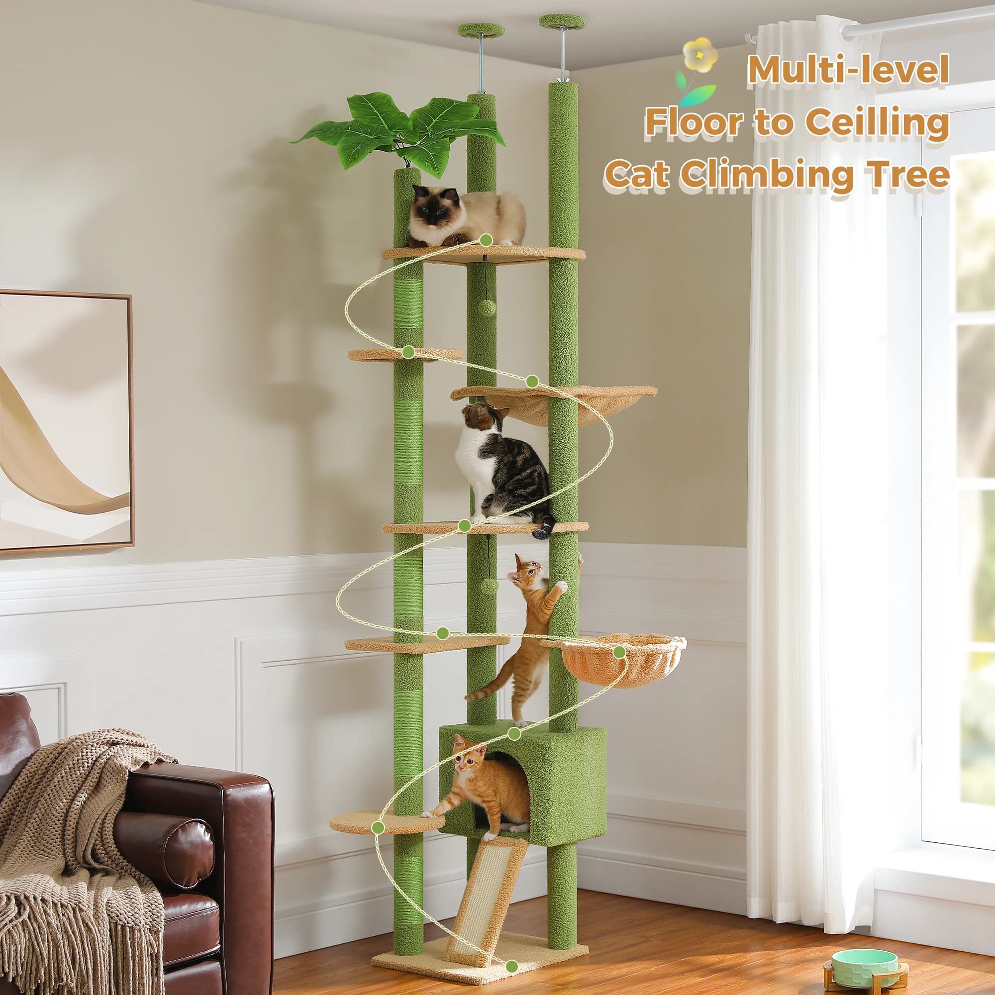 Arbre à chat Cactus du sol au plafond, tour à chat réglable en hauteur avec Hamac confortable pour c