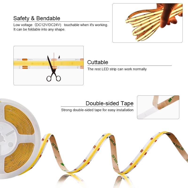 Bande lumineuse LED CCT COB haute densité 608 LED s/m, Flexible et variable, 2700K à 6500K, éclairag