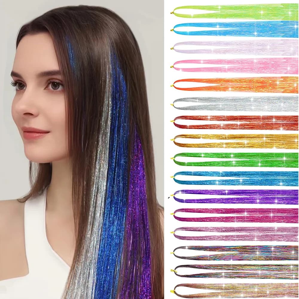 48 pouces brillant étincelle cheveux Tinsel Kit arc-en-ciel femmes coloré paillettes Bling Extension