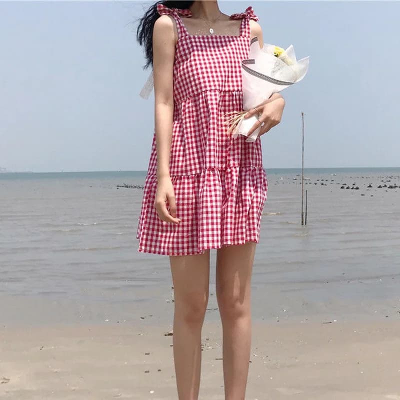 Robe à carreaux en fibre pour femmes, ceinture, design tout-assressenti, ligne A, robes de plage, mo