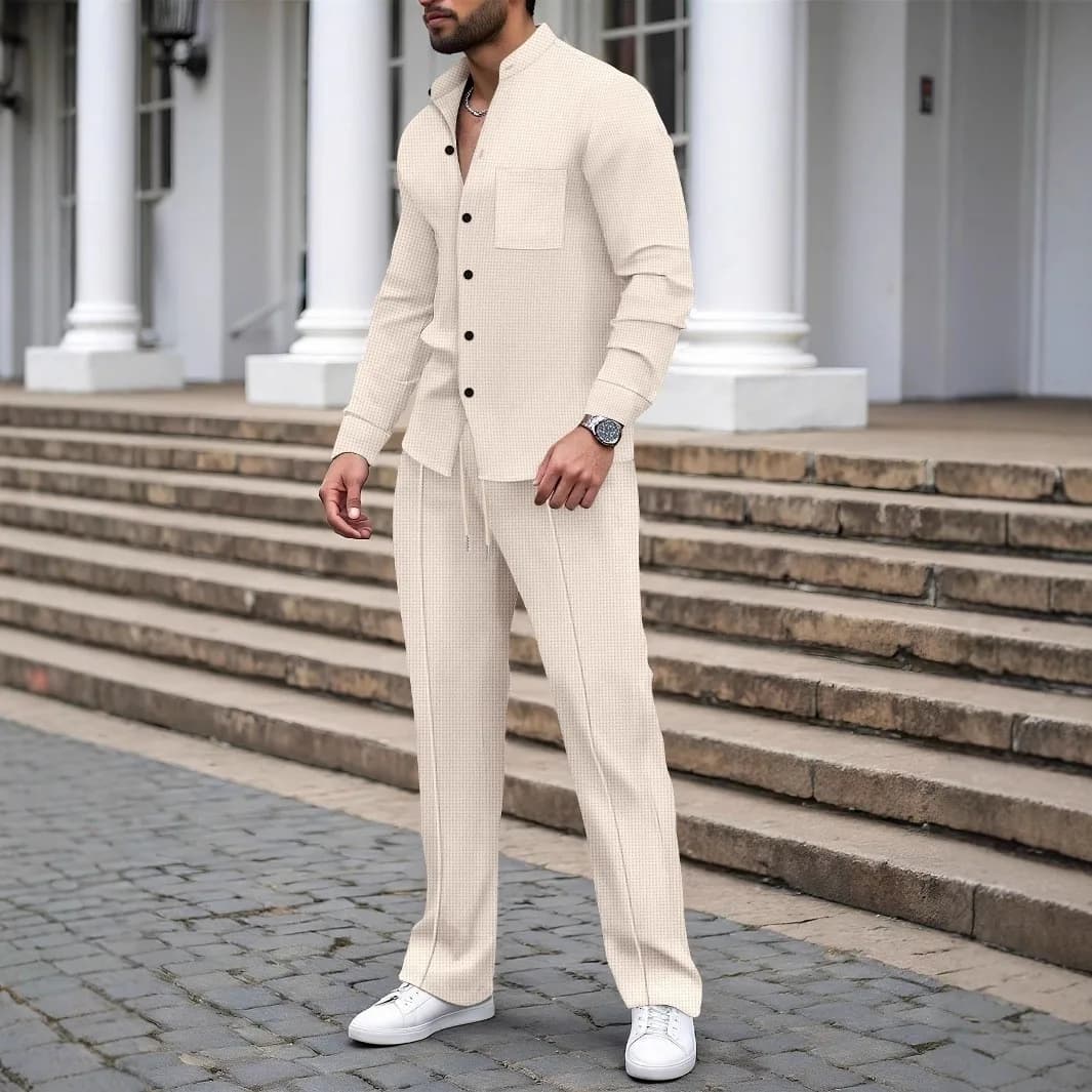 Nouveau costume d'automne pour hommes, chemise gaufrée à manches longues de couleur unie avec cardig
