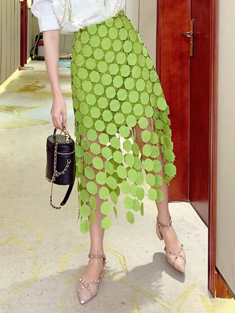 GALCAUR – jupe mi-longue élégante à pois pour femmes, avec des franges, taille haute, couleur unie, 