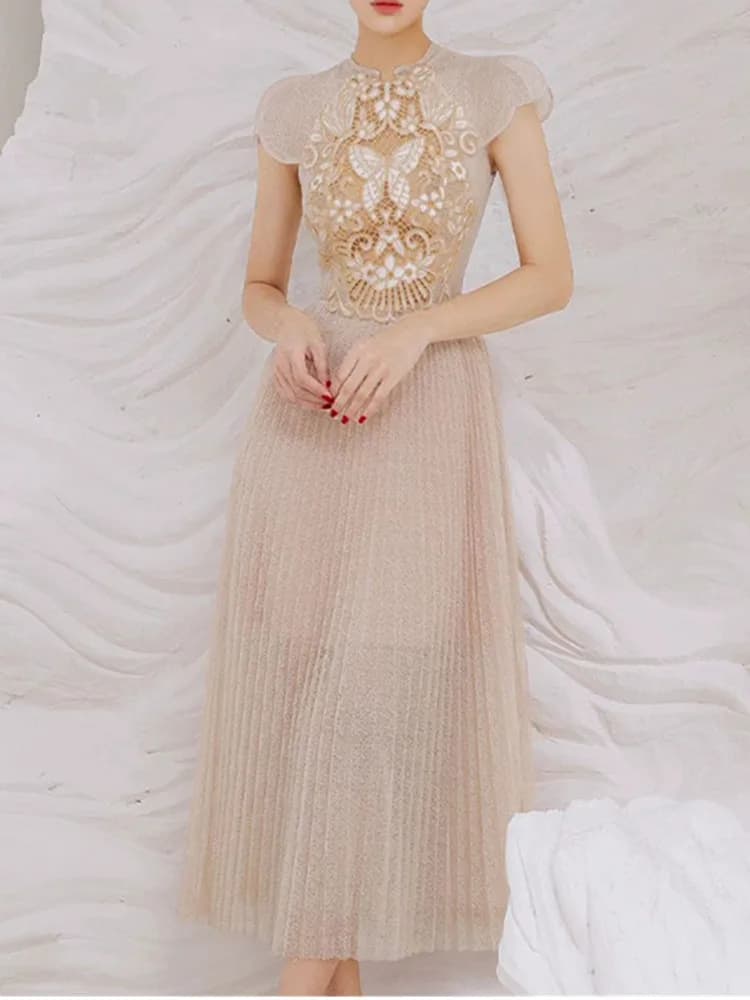 Robe brodée en dentelle évidée pour femme, manches courtes, patchwork, taille fine, longue, robe édu