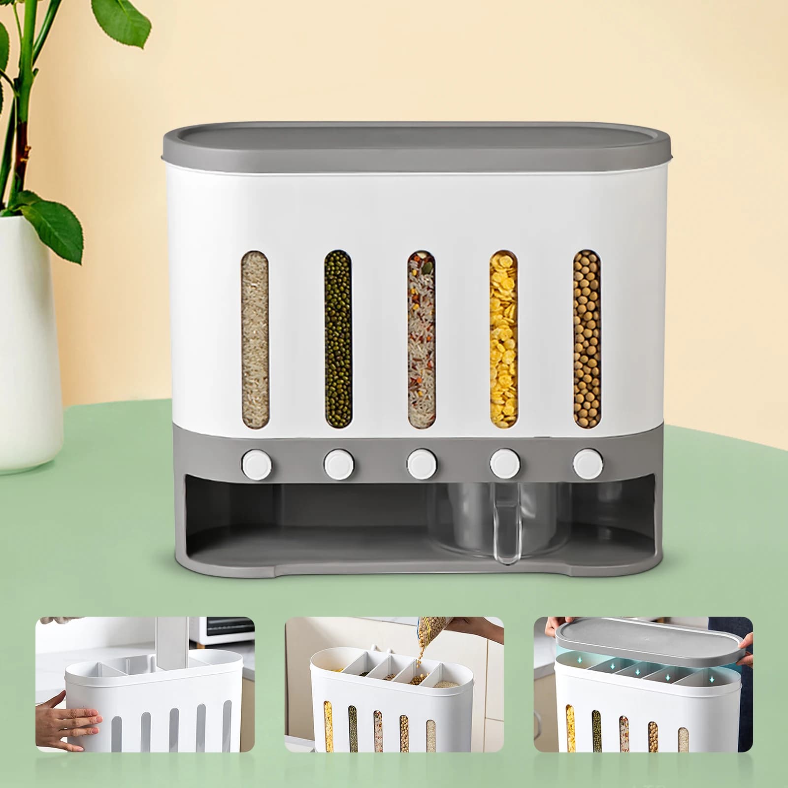 Récipient de stockage de riz séparé, distributeur de riz aux céréales, supports automatiques en plas