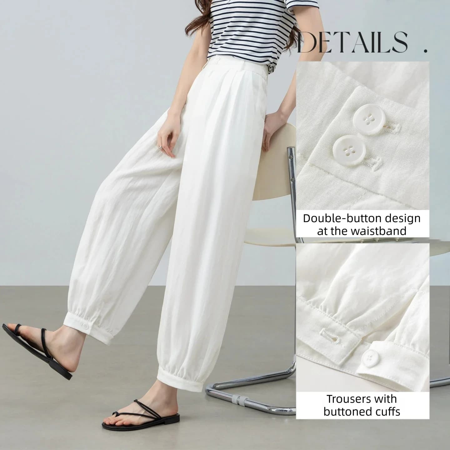 SENTUBILA Pantalon plissé blanc pour femme, style minimaliste, mode bureau, taille à double bouton, 