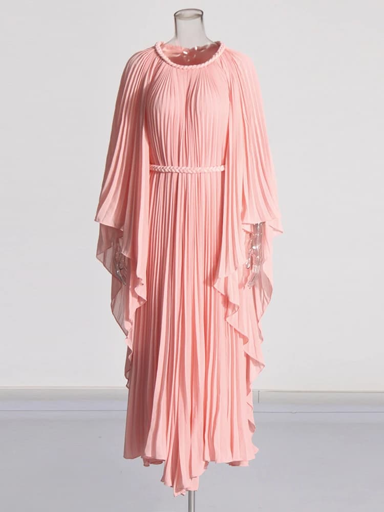 TWOTWurea YLE-Robes plissées solides pour femmes, col rond, manches chauve-souris, taille haute, min