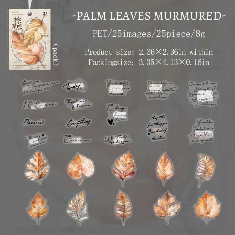 Poèmes pour feuilles série paquet d'autocollants irréguliers en PET 6 thèmes de feuilles 25 pièces d