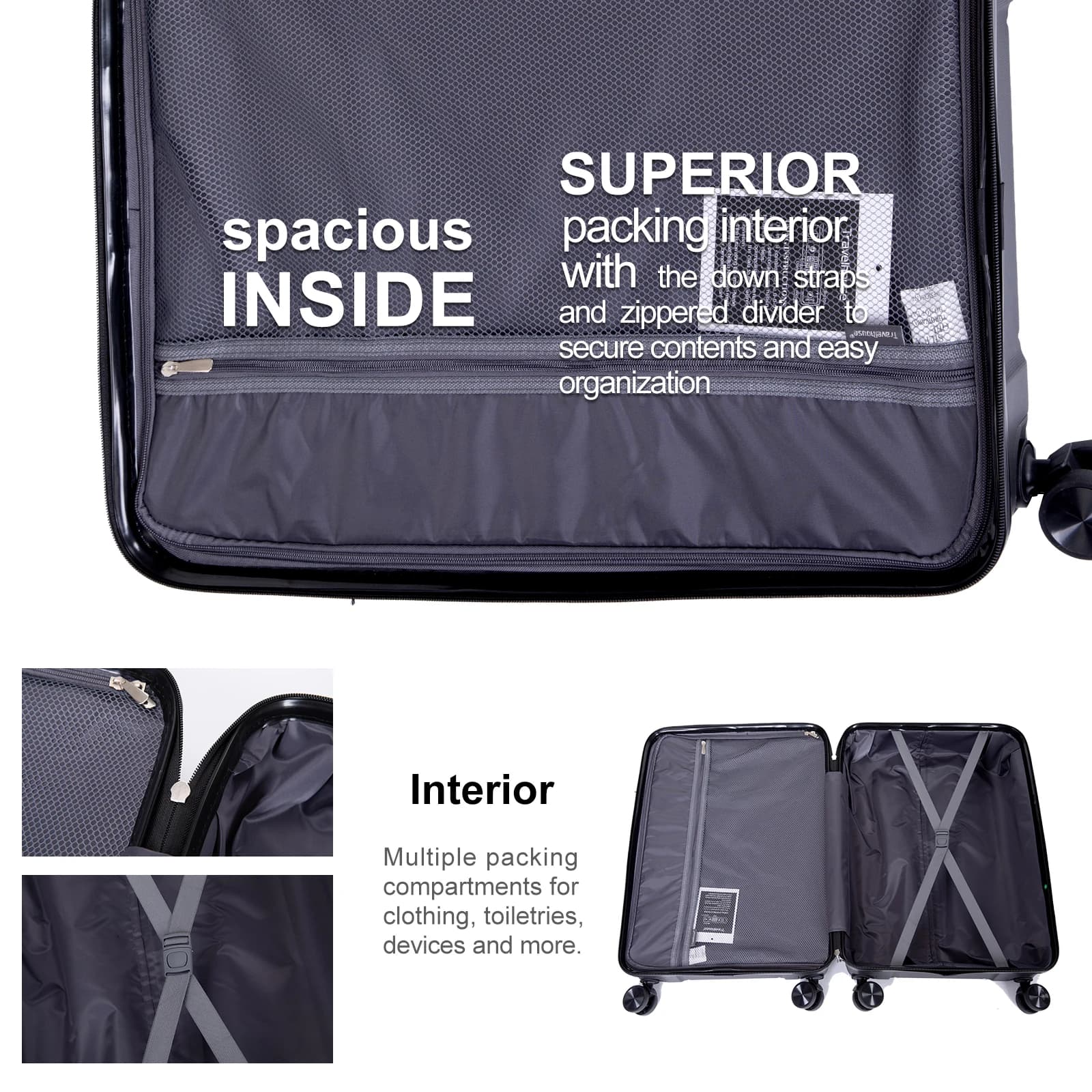 Travelhouse-Ensemble de Valises Rigides Légères avec Serrure TSA, Roues Spinner, PP, 3 Pièces, 20/24