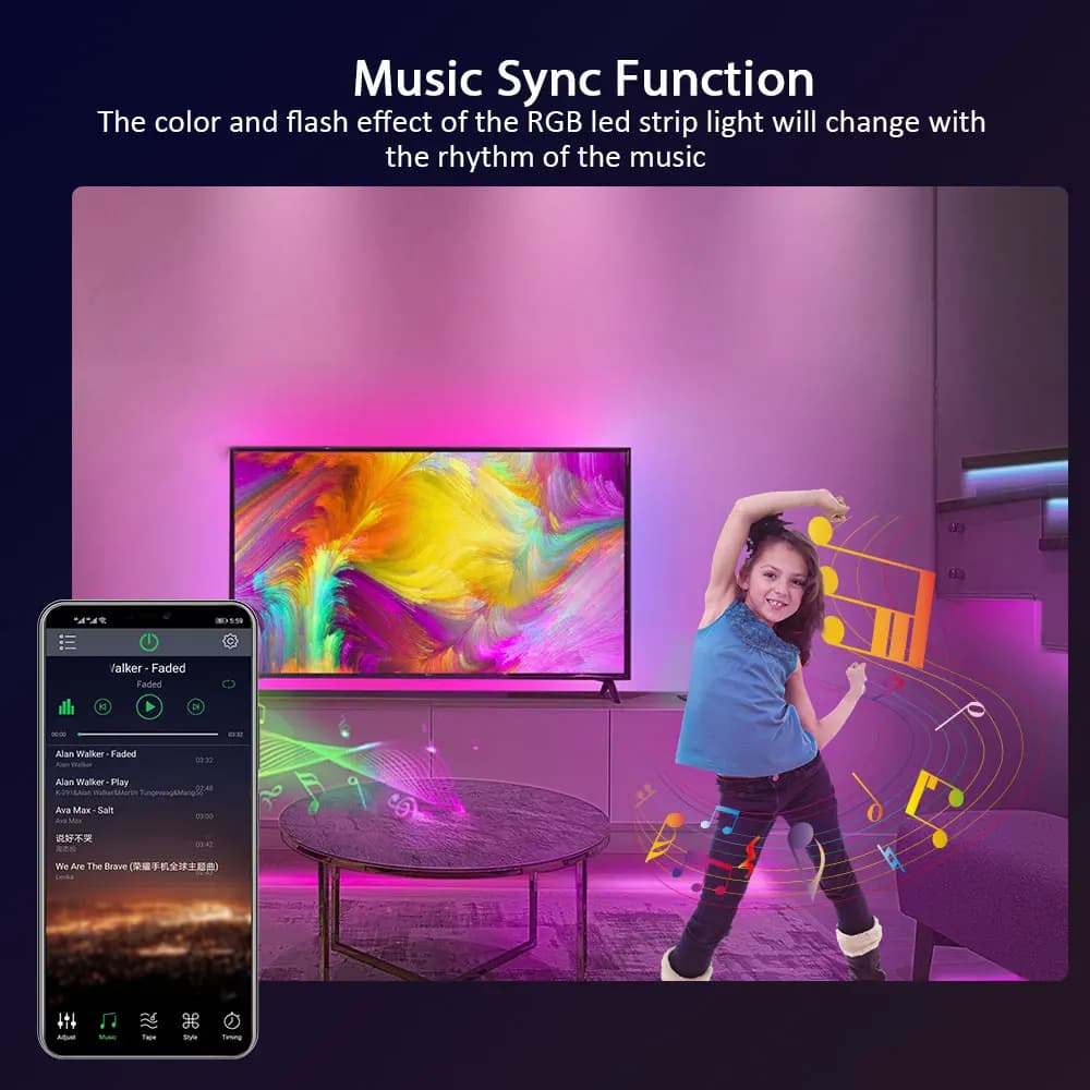 Nexillumi 5050 RGB LED bande lumineuse, 5m/10m/15m/20m/30m Bluetooth APP contrôle musique synchronis