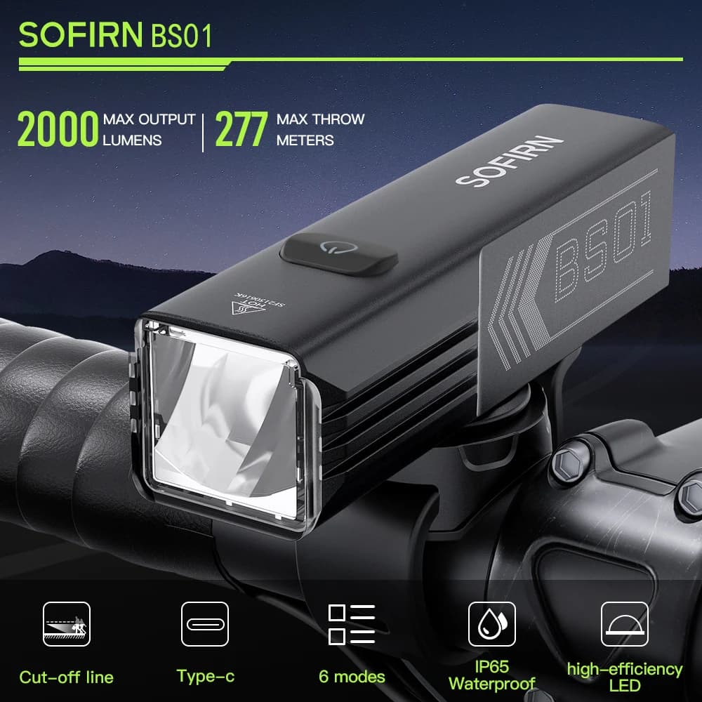 Lampe de vélo Sofirn BS01, étanche IP65, 2000LM, batterie 5000mAh, lampe torche, charge USB, réglage