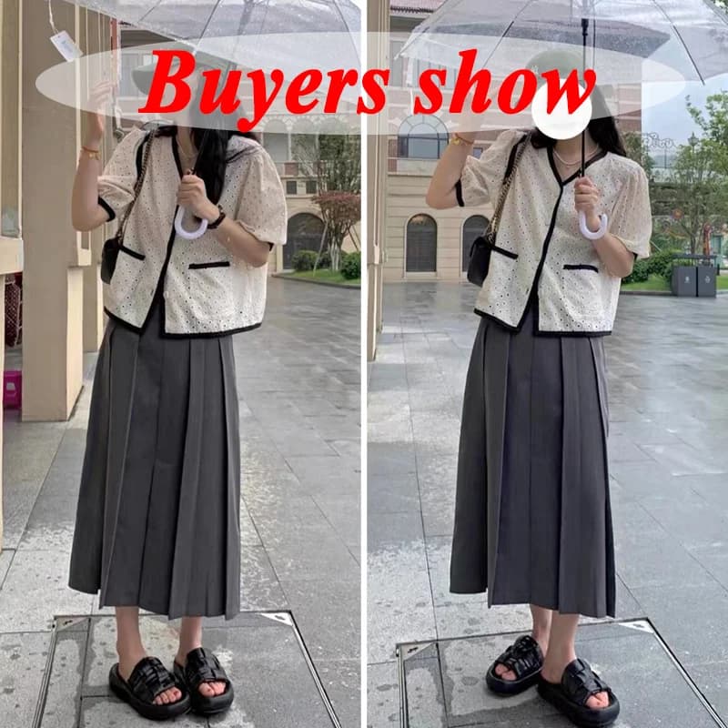 Jupe Longue Plissée Noire et Grise pour Femme, Style Japonais, Taille Haute, Midi, Streetwear de Bur