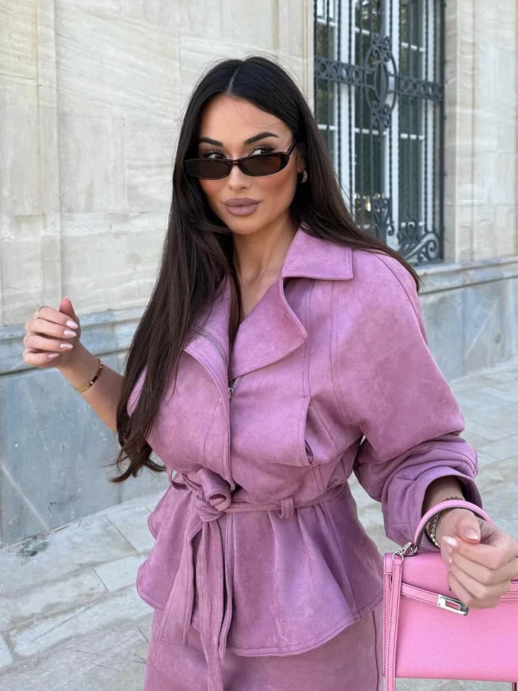 HH 2026 Nouvelle Collection Femme : Ensemble Élégant Veste Courte Unie à Fermeture Éclair Asymétriqu