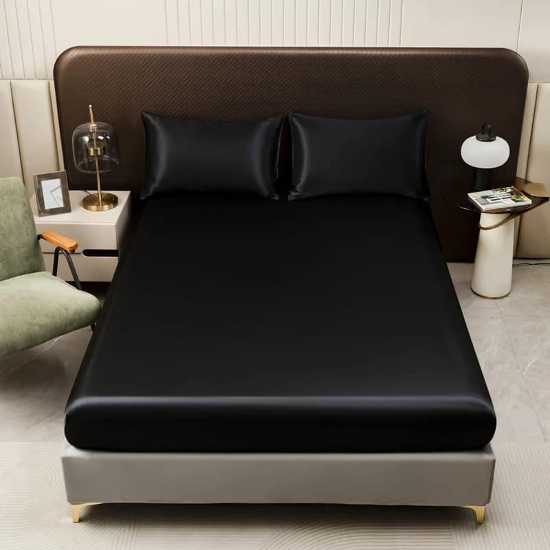 Drap-housse en Satin de couleur unie, housse de matelas double en soie glacée, Queen, naturel avec b