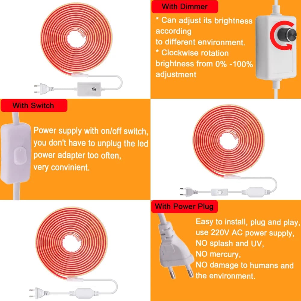 Bande lumineuse LED COB à intensité variable, 220V, Flexible, avec variateur, Kit d'alimentation, 28