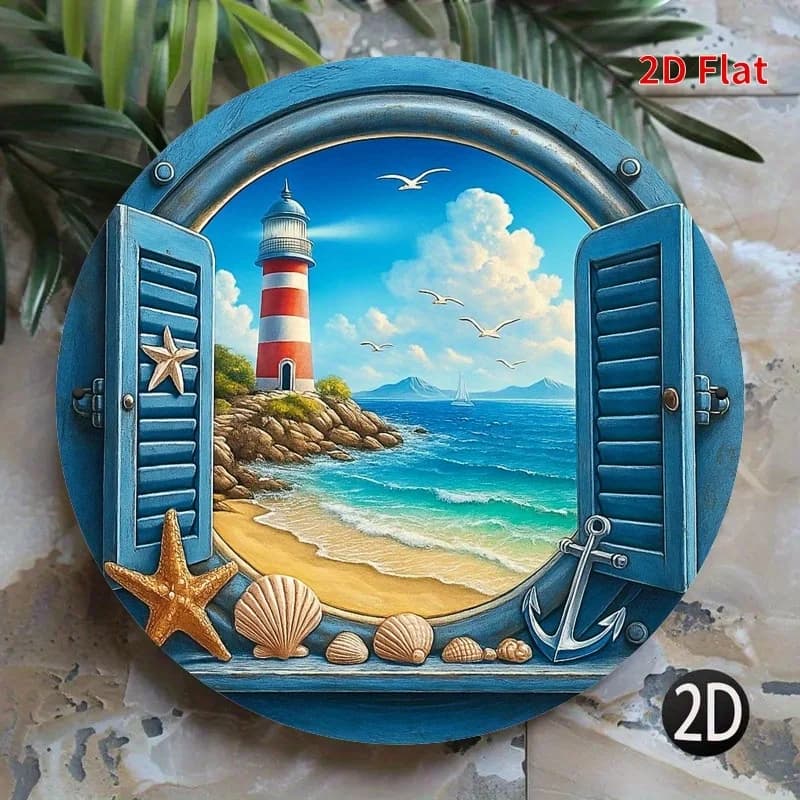 Panneau en métal rond avec vue sur la fenêtre de la plage et le phare côtier, thème nautique, coquil