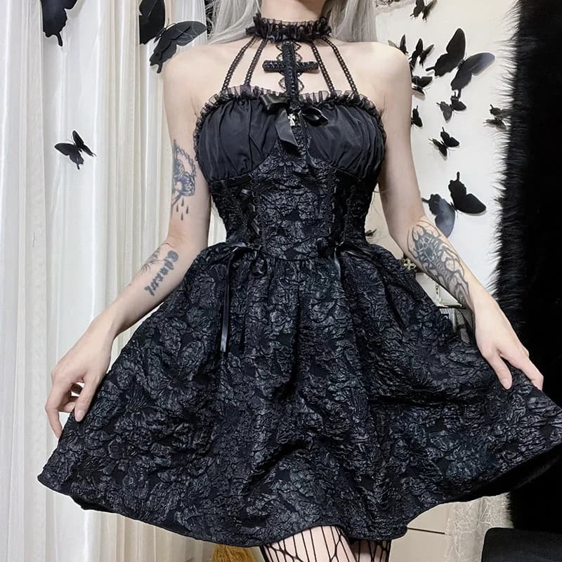 Mini robe gothique noire vintage pour femmes, robes taille haute, bretelles spaghetti sexy, punk gru