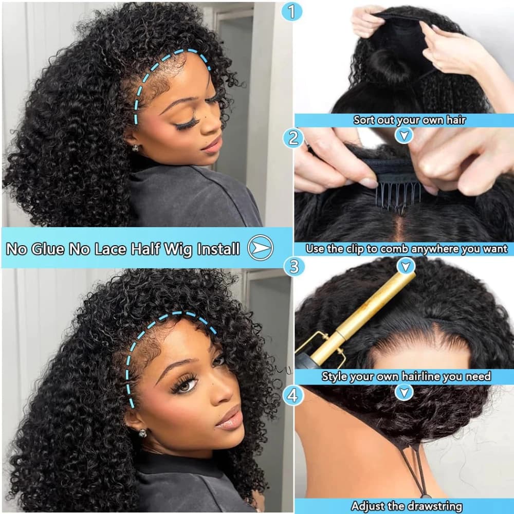 Perruque demi-tête 200% de densité, cheveux Remy, perruque à bandeau, sans lâcher de cheveux, perruq