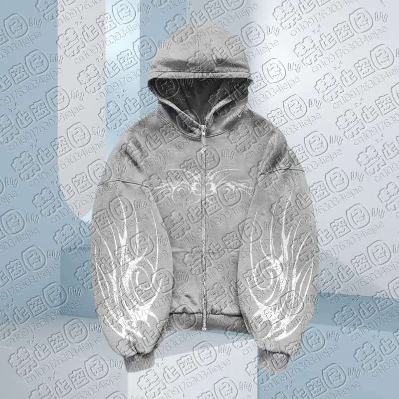 Sweat à capuche Hip Hop pour hommes, fermeture éclair, noir, gris, motif imprimé foncé 3D, gothique,