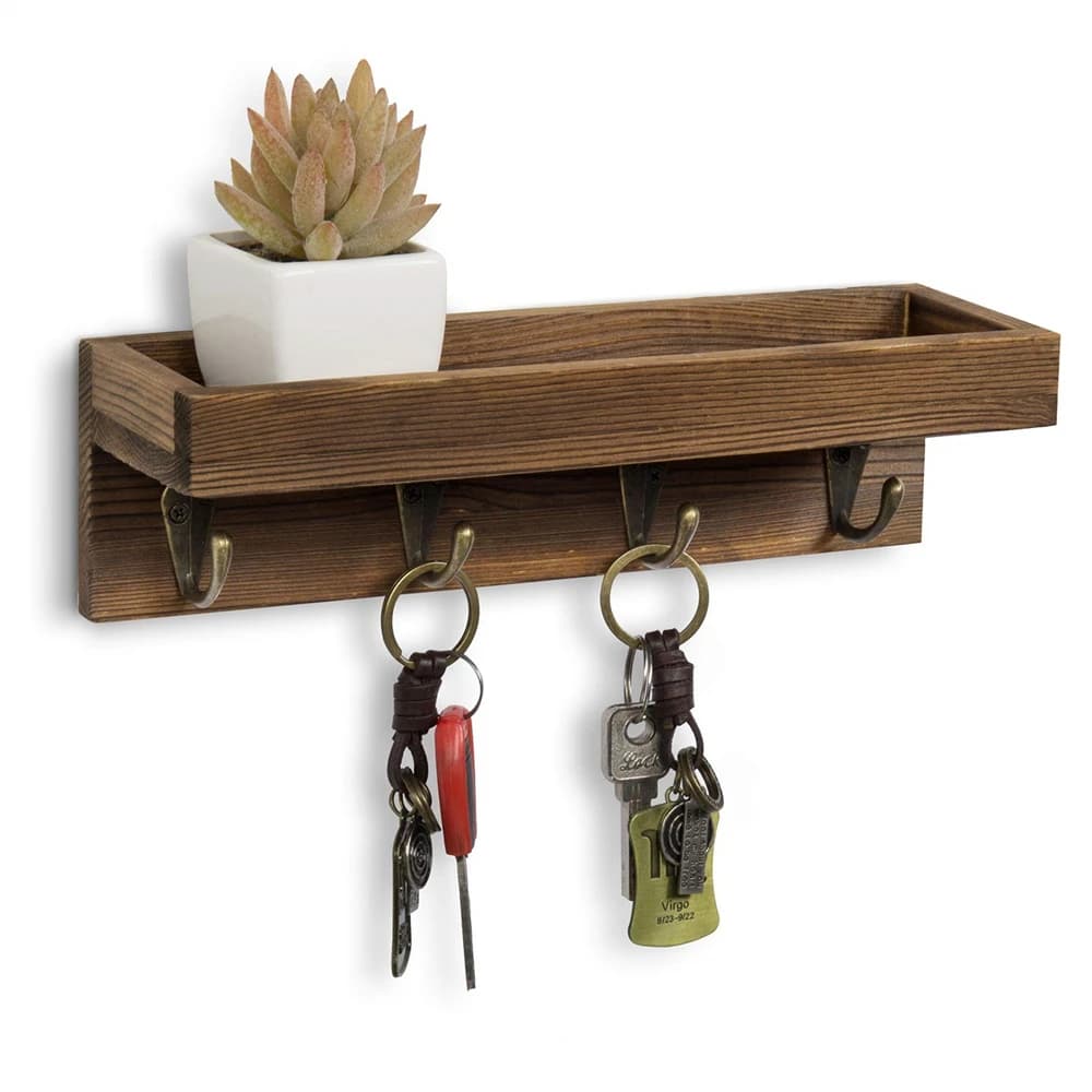 Porte-clés mural en bois avec crochets, décoration d'entrée, étagère flottante rustique avec 4 croch