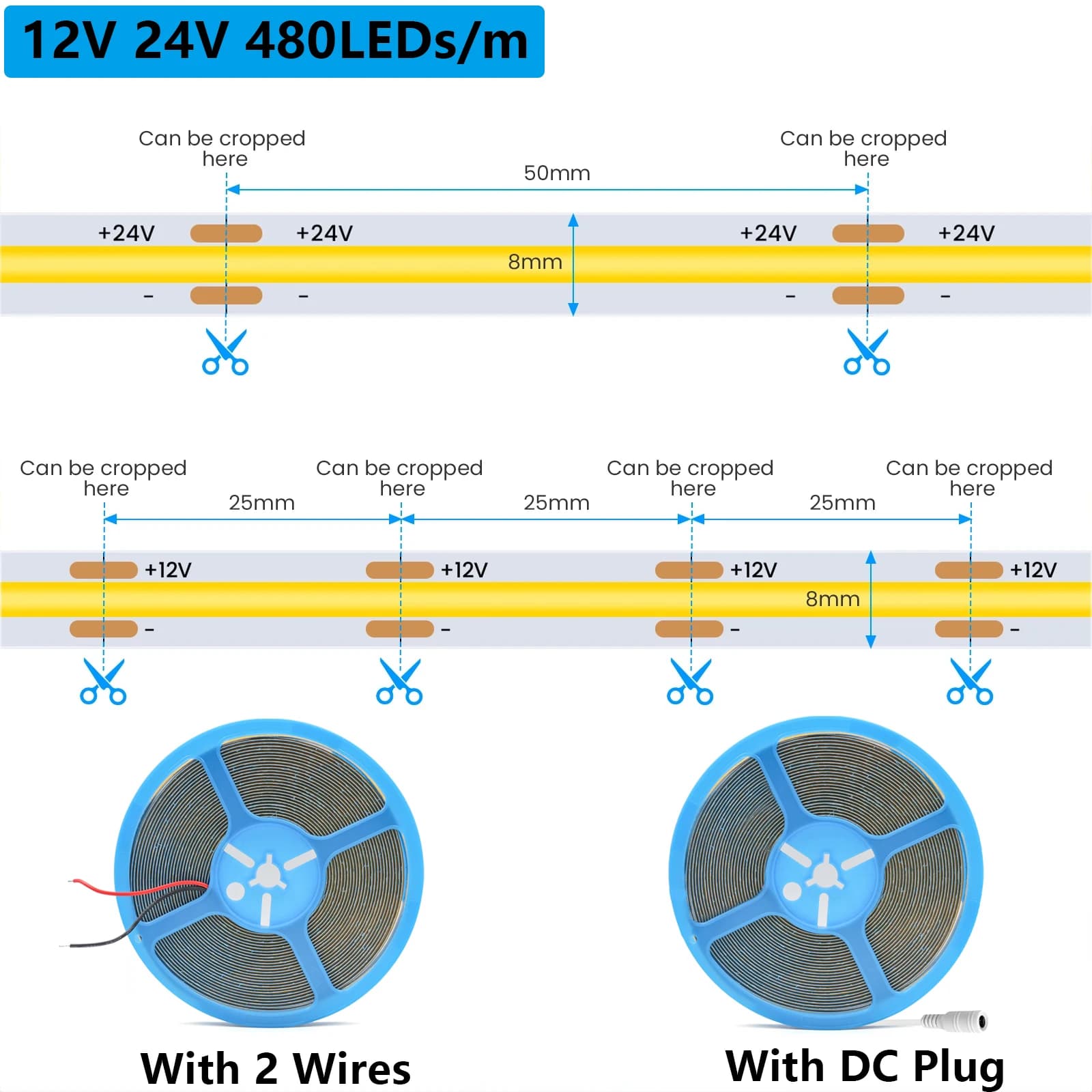 Bande lumineuse LED COB flexible, 480 gible/m 528 gible/m, 12V 24V 8mm, largeur PCB, barre lumineuse