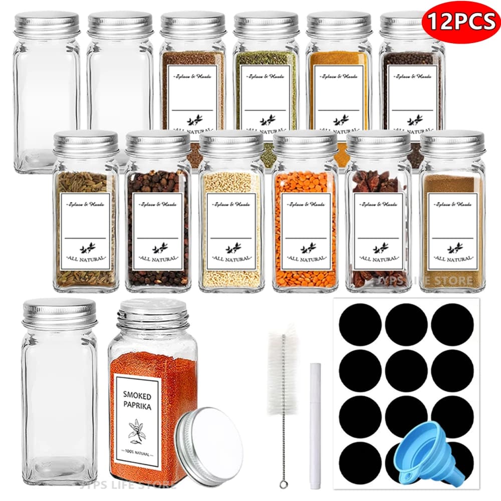 Pots à épices en verre avec couvercles métalliques, 12 pièces, salière, poivrière, récipients d'assa