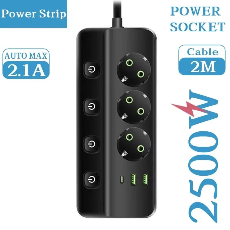Prise électrique EU, 3/5 prises AC, 2 ports USB, 1 prise de type C, adaptateur, multiprise 2M, sécur