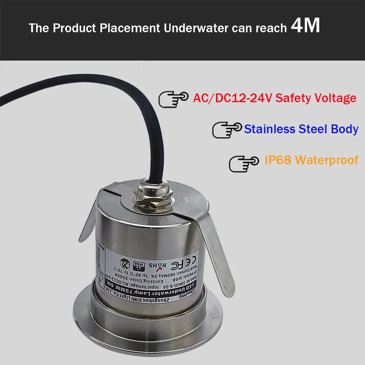 42MM 52MM 62MM 75MM 1W 3W 6W 12V-24V IP68 piscines éclairage tout en acier inoxydable LED lumière so