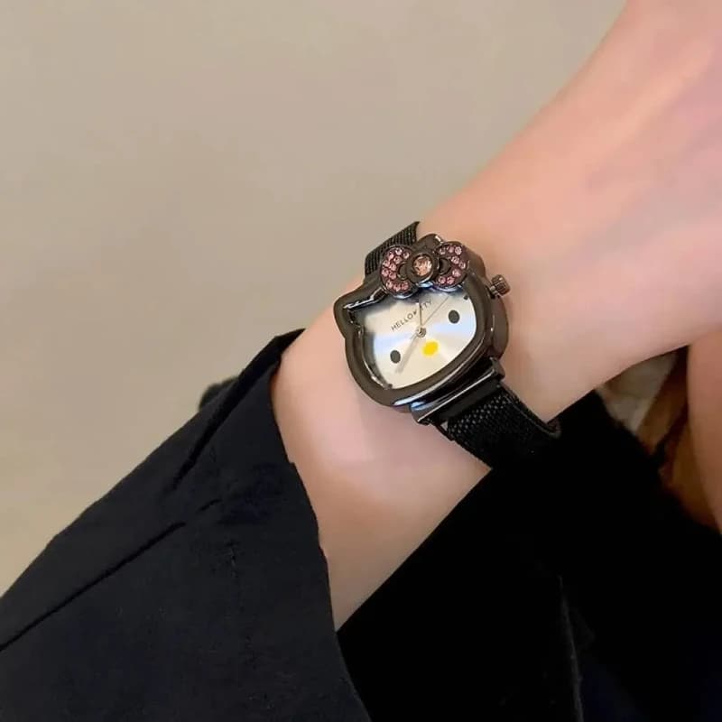 Montre à quartz tendance Sanrio Anime Hello Kitty avec nœud, montre à quartz avec petit cadran magné
