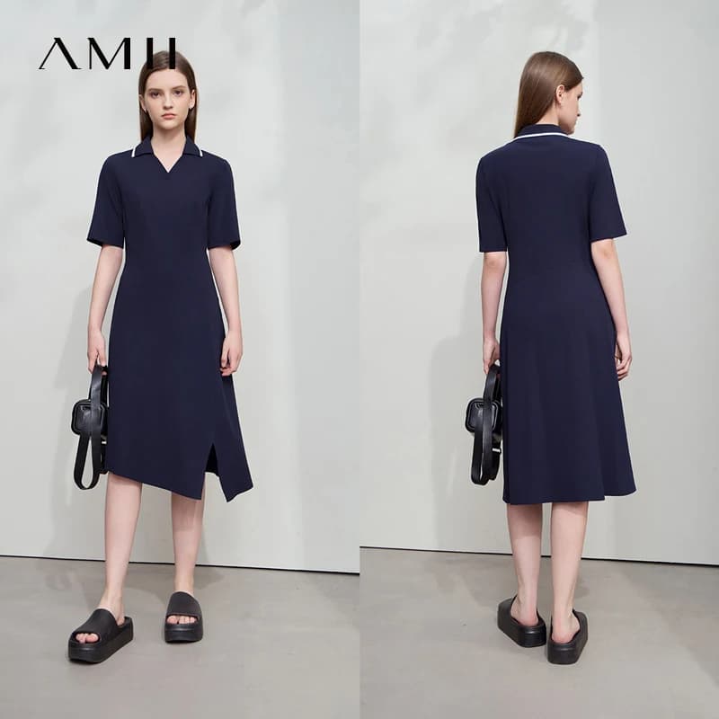 Amii minimalisme robe 2025 été nouvelles femmes revers col en v à manches courtes tricot taille bure