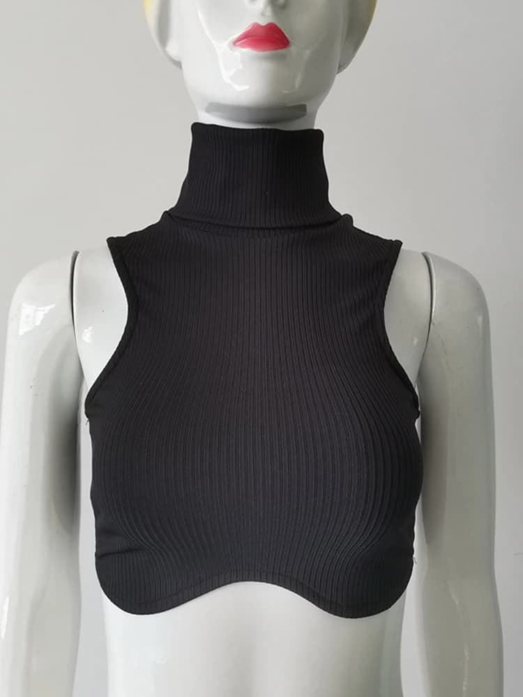 Haut court à col roulé en tricot noir pour femme, maigre, élasticité, Sexy, irrégulière, mode, Club,