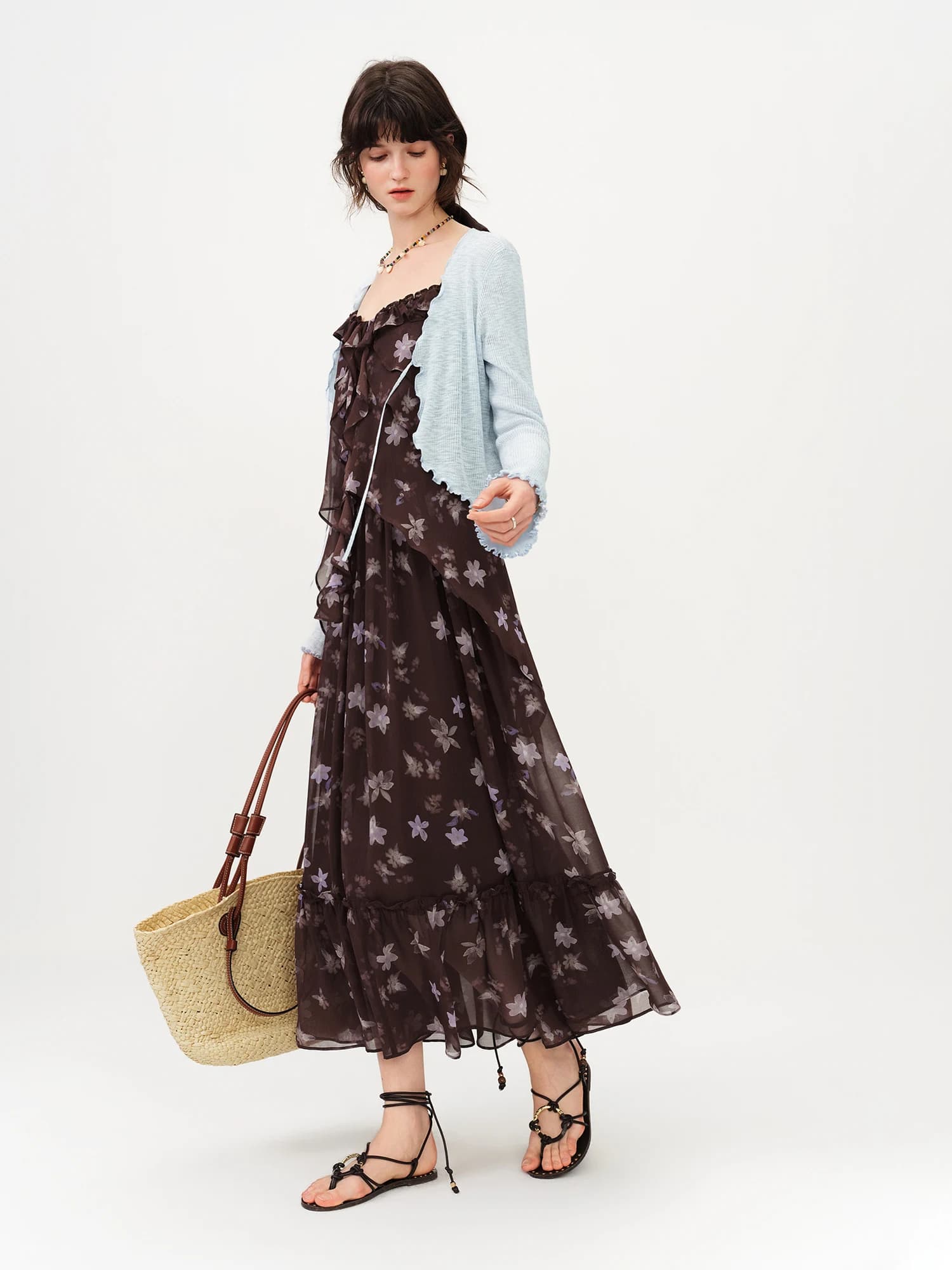 Robe longue à volants style halter FSLE, imprimé floral café et violet, nouvelle collection Printemp