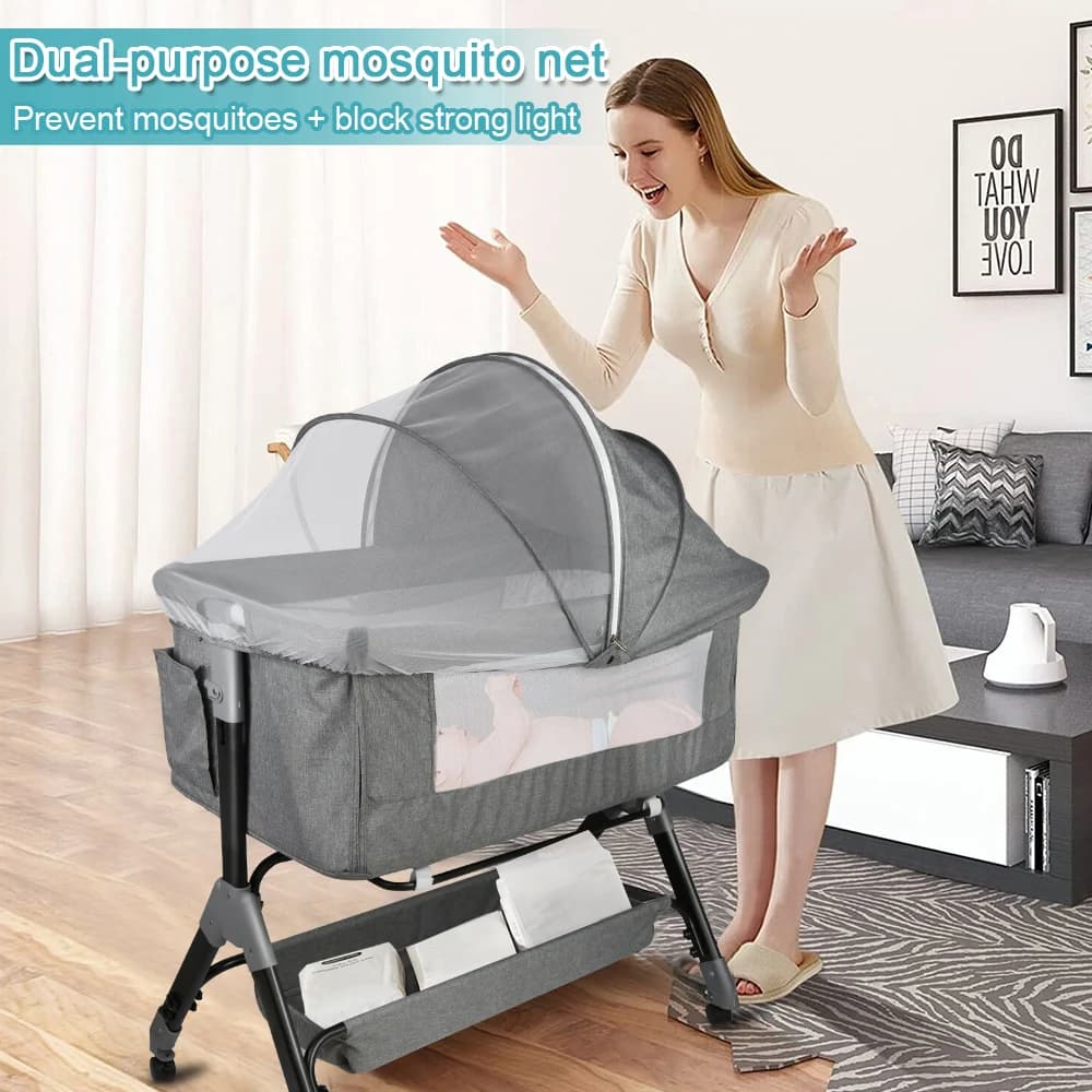 Lit Bébé jusqu'à 9 kg, Cododo Bébé, Réglage de la Hauteur 4 Hauteurs, Inclinaison, 4 Roulettes avec 