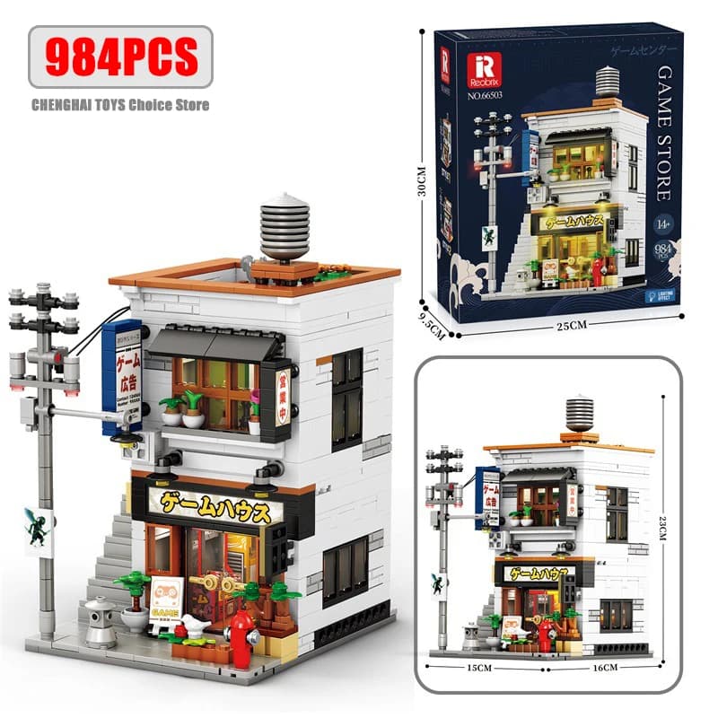 Blocs de construction de modèles d'arcades japonaises MOC 66503, vue sur la rue de la ville, maison,
