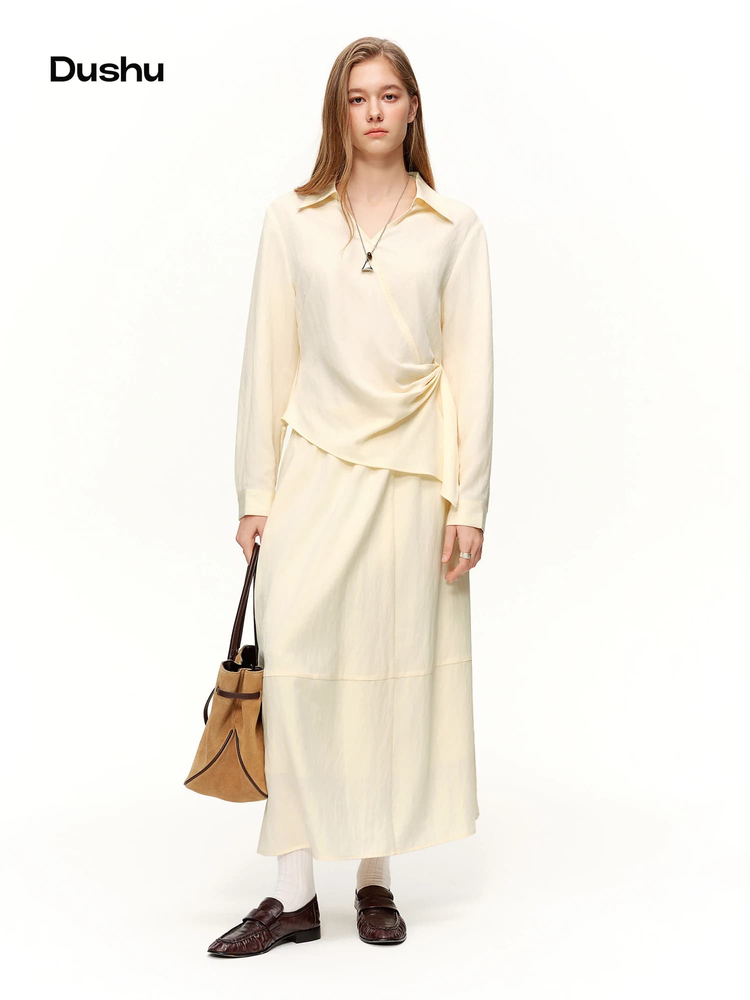 DUSHU 2026 Nouvelle Collection Printemps – Ensemble Deux Pièces Femme : Chemise & Jupe Taille Haute 