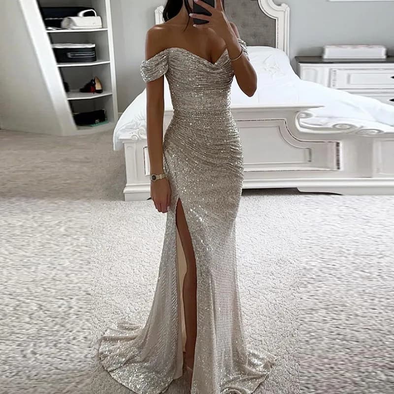 Robe de soirée longue à paillettes pour femmes, col slash, fente haute, hanches minces Sharkly, prin