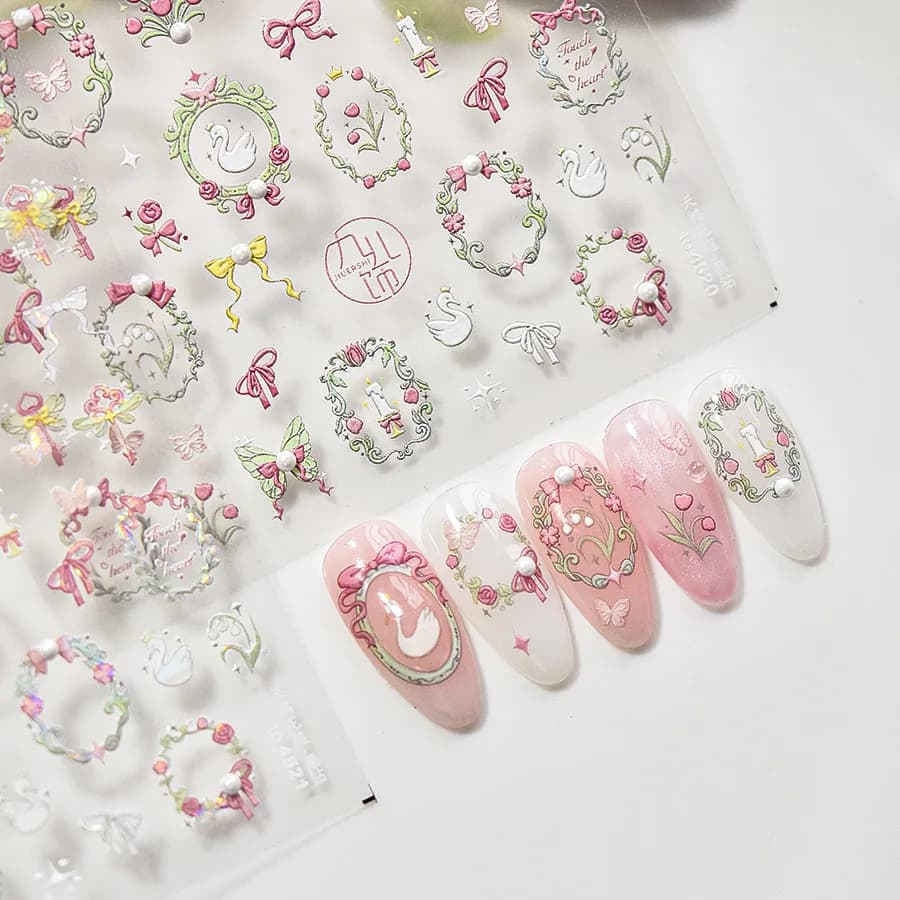 Autocollants pour ongles en cristal et diamant, mélange de fleurs de cygne rose, cadre papillon, aut