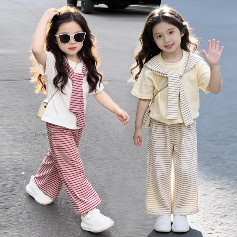 Ensembles d'été pour filles, costume à manches courtes pour enfants, T-shirt à rayures + pantalon à 