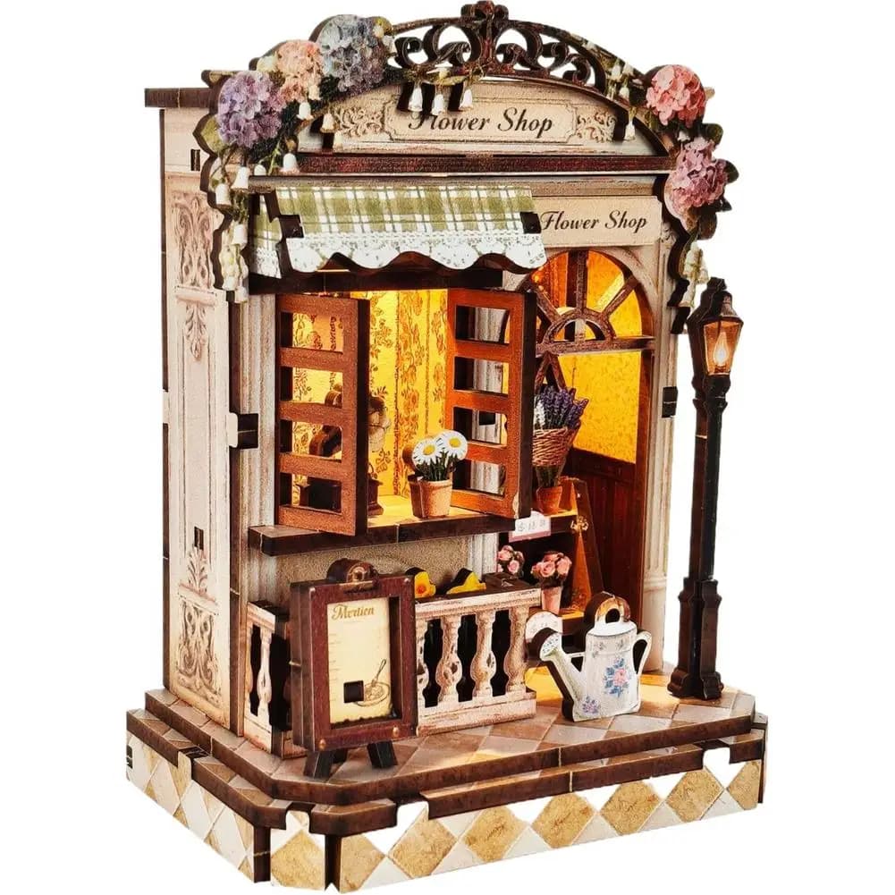 Décoration de bureau créative pour librairie, modèle de mini-boutique de fleurs en bois à construire