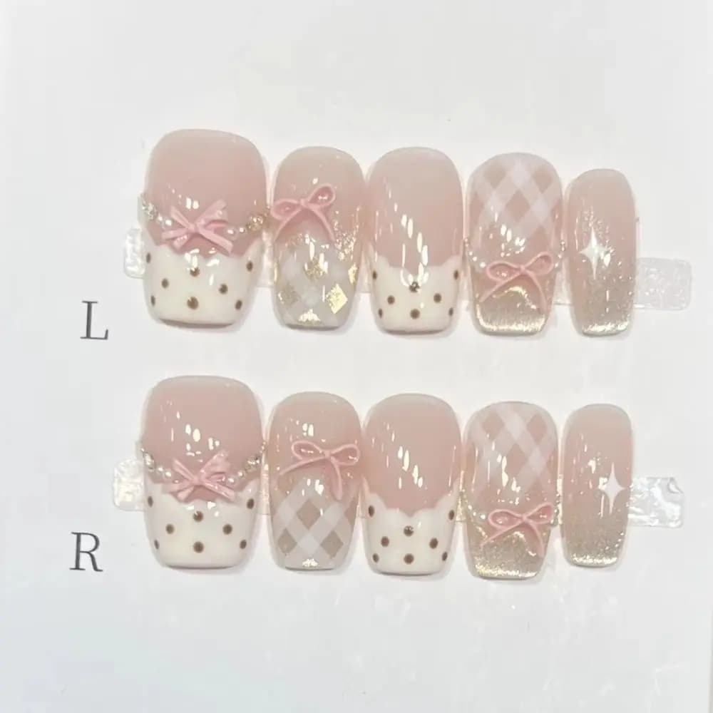 Faux ongles de Ballet mi-longs, 10 pièces, à la mode, œil de chat rose, joli nœud, ensemble d'ongles