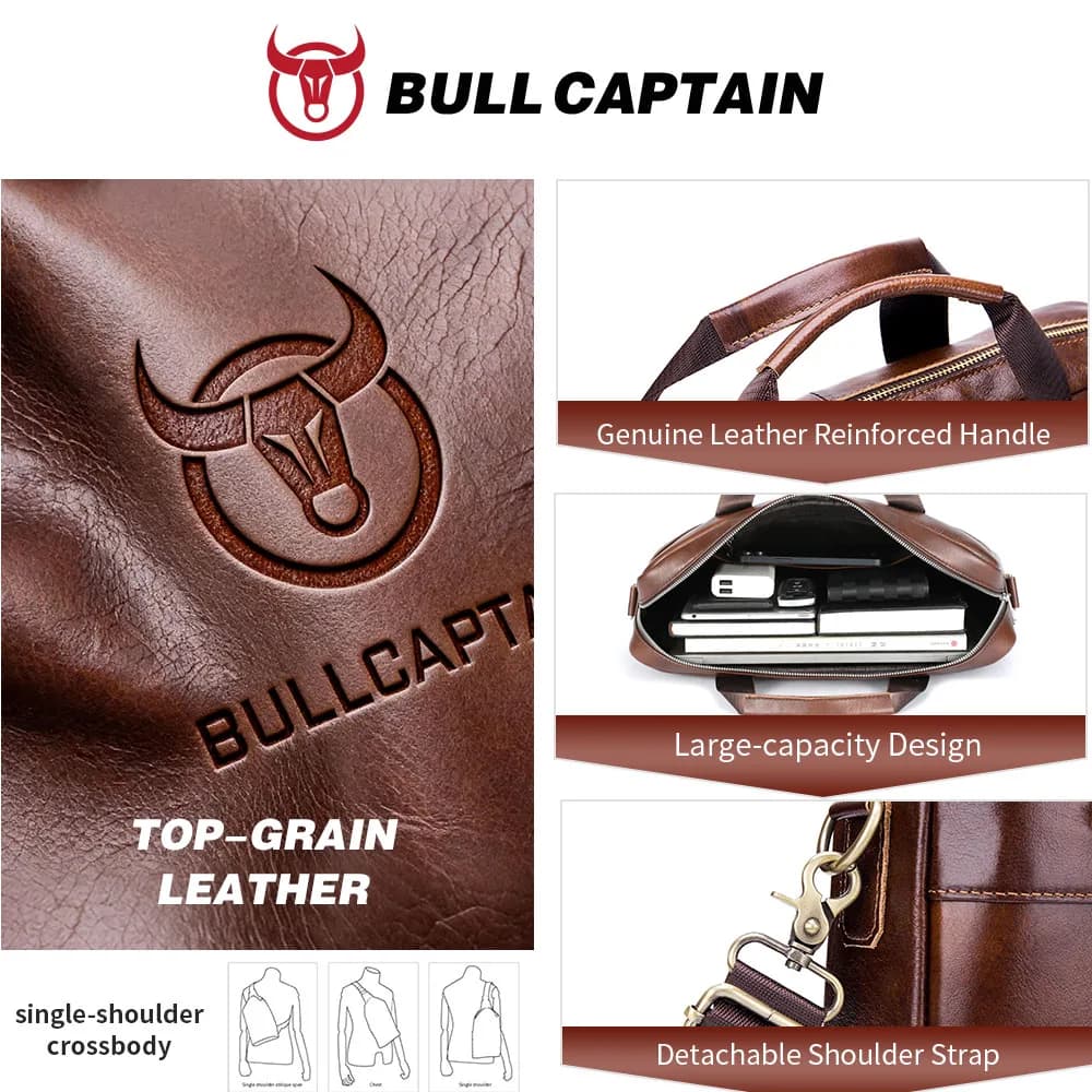 BULLCAPTAIN Sac à main en cuir véritable pour homme, sac d'affaires vintage pour ordinateur portable