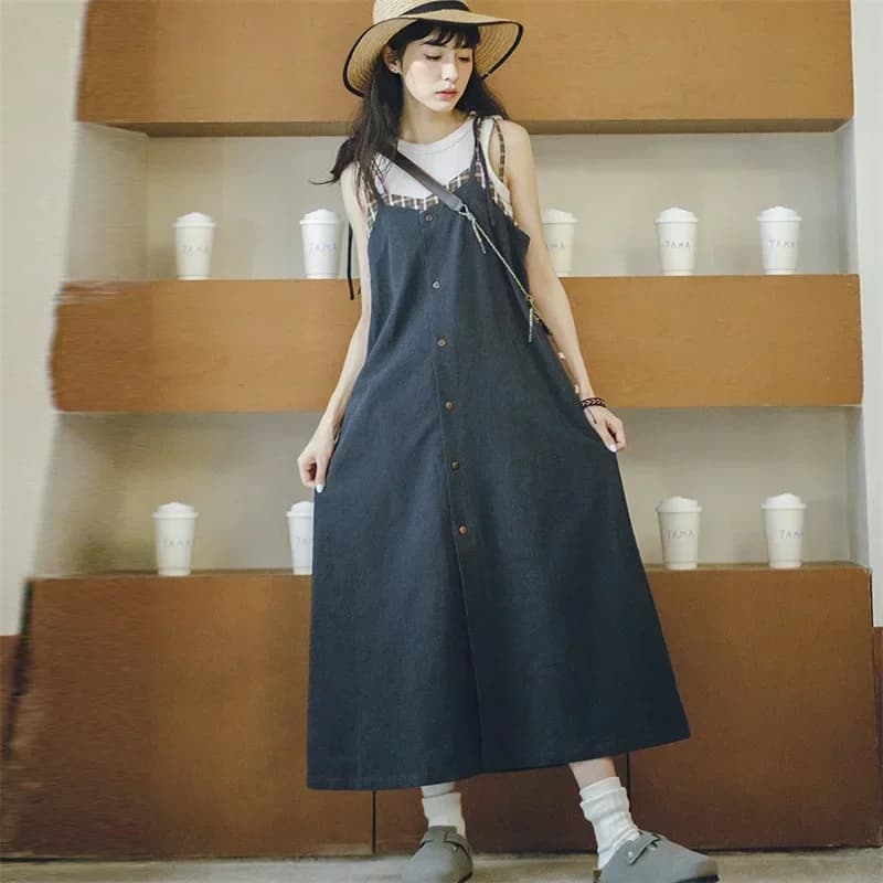 Maden-Robe à bretelles spaghetti à surpiqûres vintage japonaises pour femmes, robe longue sans manch
